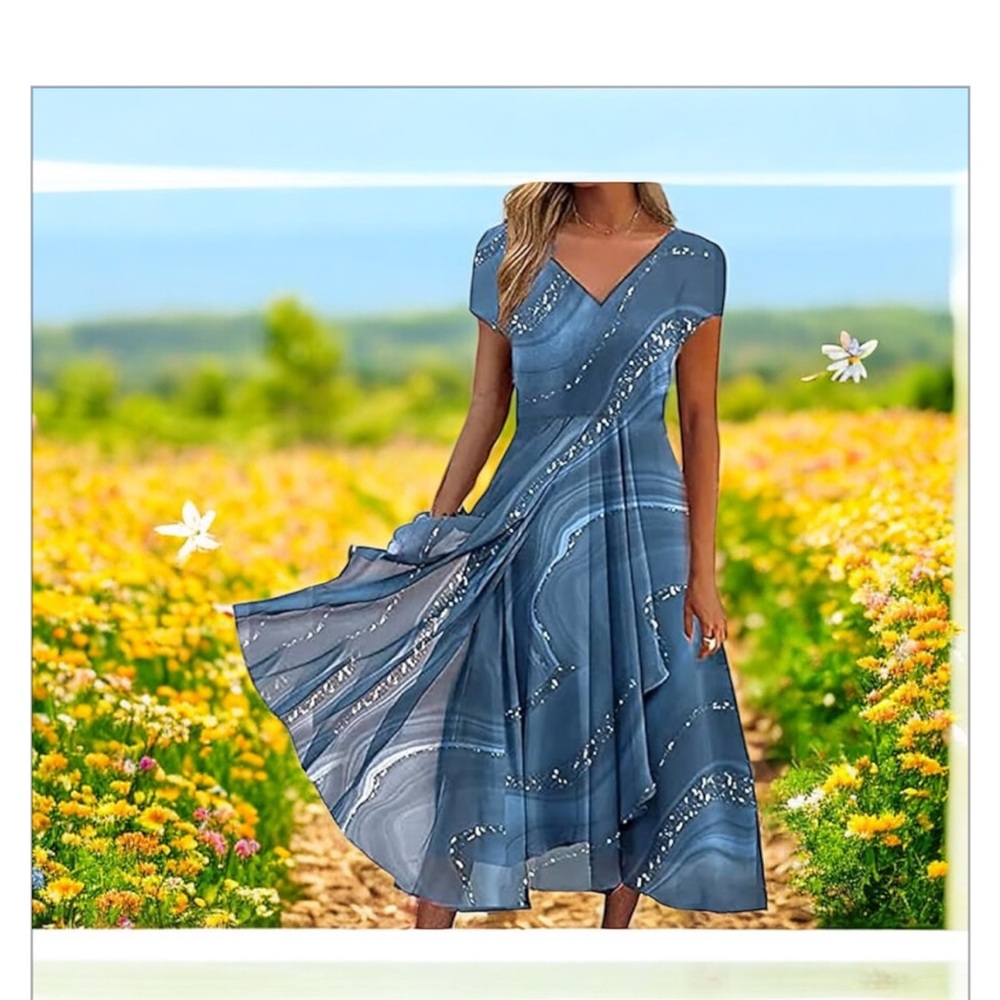 Beautiful Blue White Layered /Asymmetrical Hem -V-Neck Flowy Dress- NWOT- SzM ☀️ - Picture 4 of 9